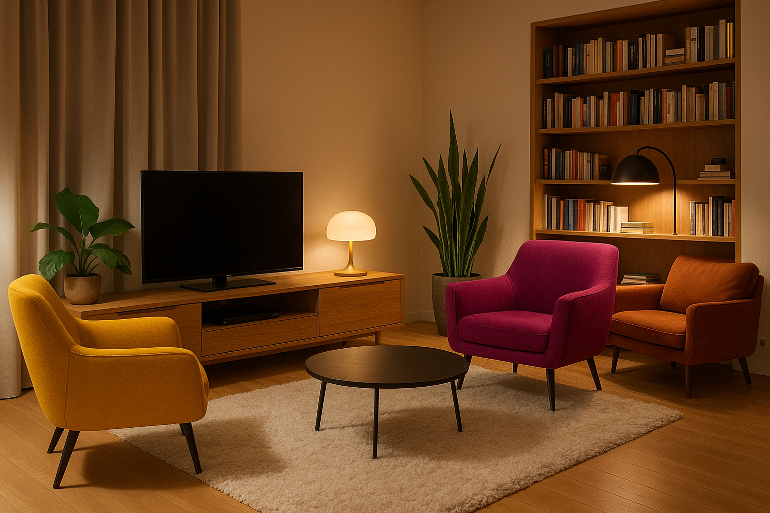 Espace lecture cosy avec fauteuils colorés et tapis moelleux dans un salon moderne