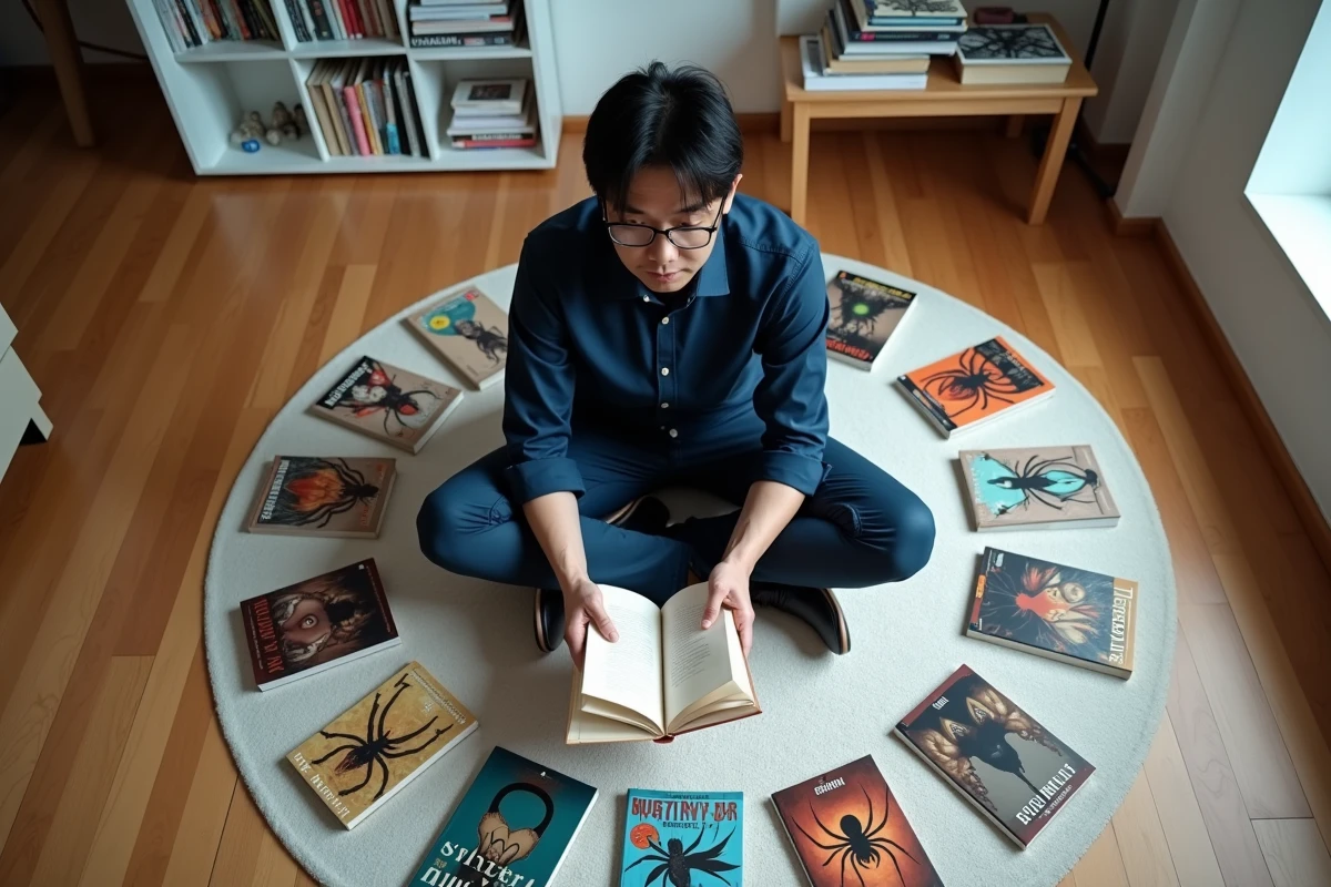 Collectionneur examinant des volumes manga Hunter x Hunter et objets dérivés arborant le symbole de l'araignée disposés en cercle sur un parquet