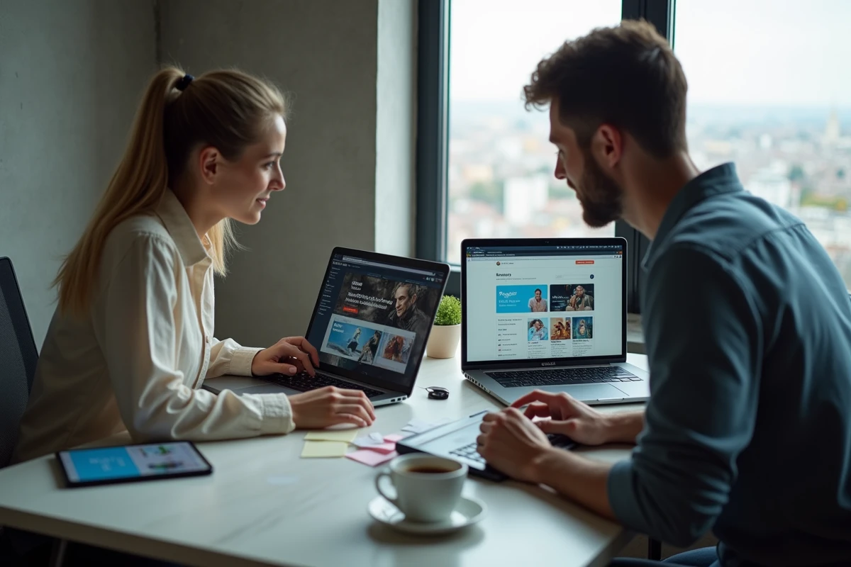 Deux joueurs adultes comparant des outils alternatifs à Dofusportal sur laptop et tablette dans un appartement moderne
