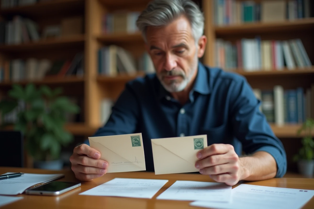Homme comparant deux lettres avec différents timbres postaux à son bureau à domicile pour choisir le bon affranchissement