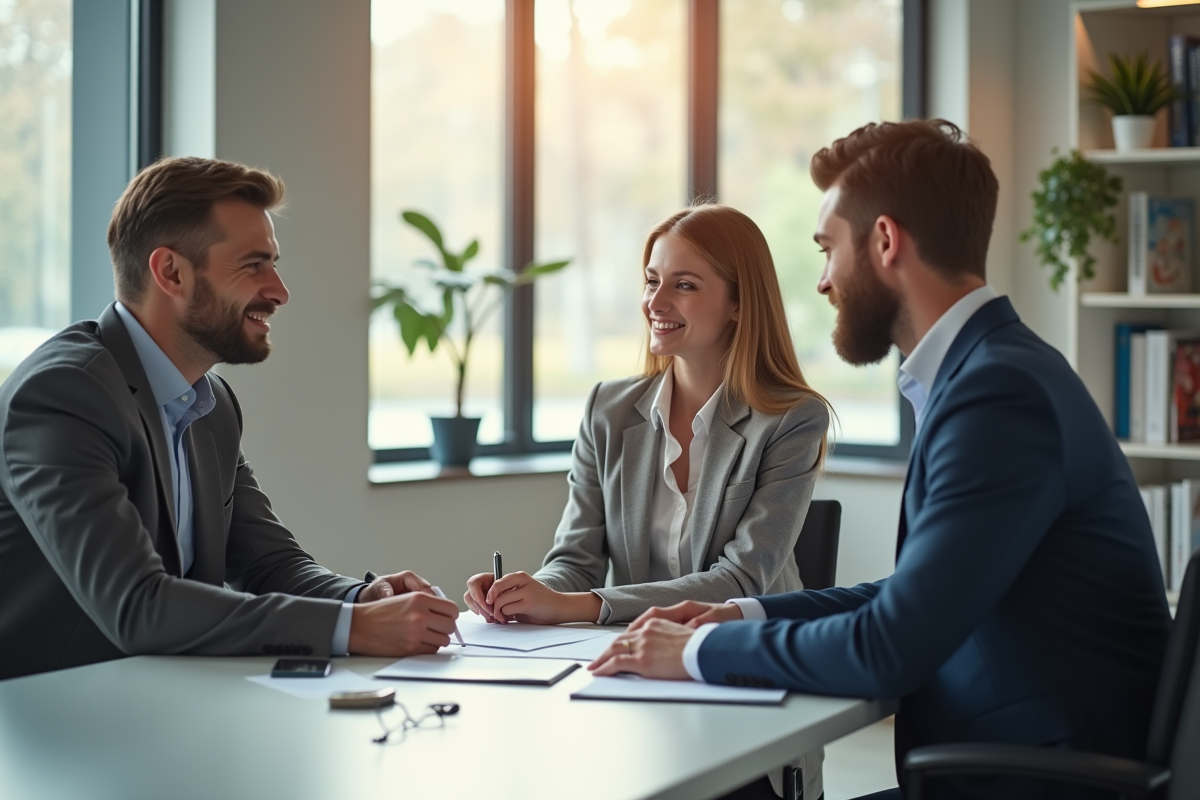 Conseiller bancaire rencontrant un couple dans un bureau lumineux