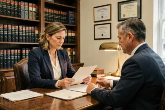 Femme consultant un notaire dans une étude notariale pour obtenir un renseignement juridique gratuit sur un document légal