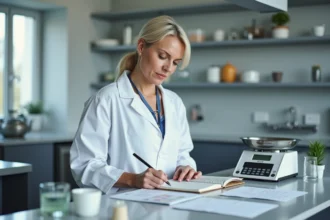 Femme scientifique convertissant des mesures en kilogrammes dans un carnet de notes en laboratoire