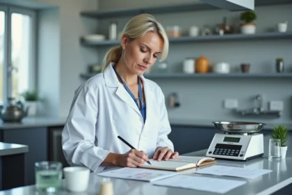 Femme scientifique convertissant des mesures en kilogrammes dans un carnet de notes en laboratoire