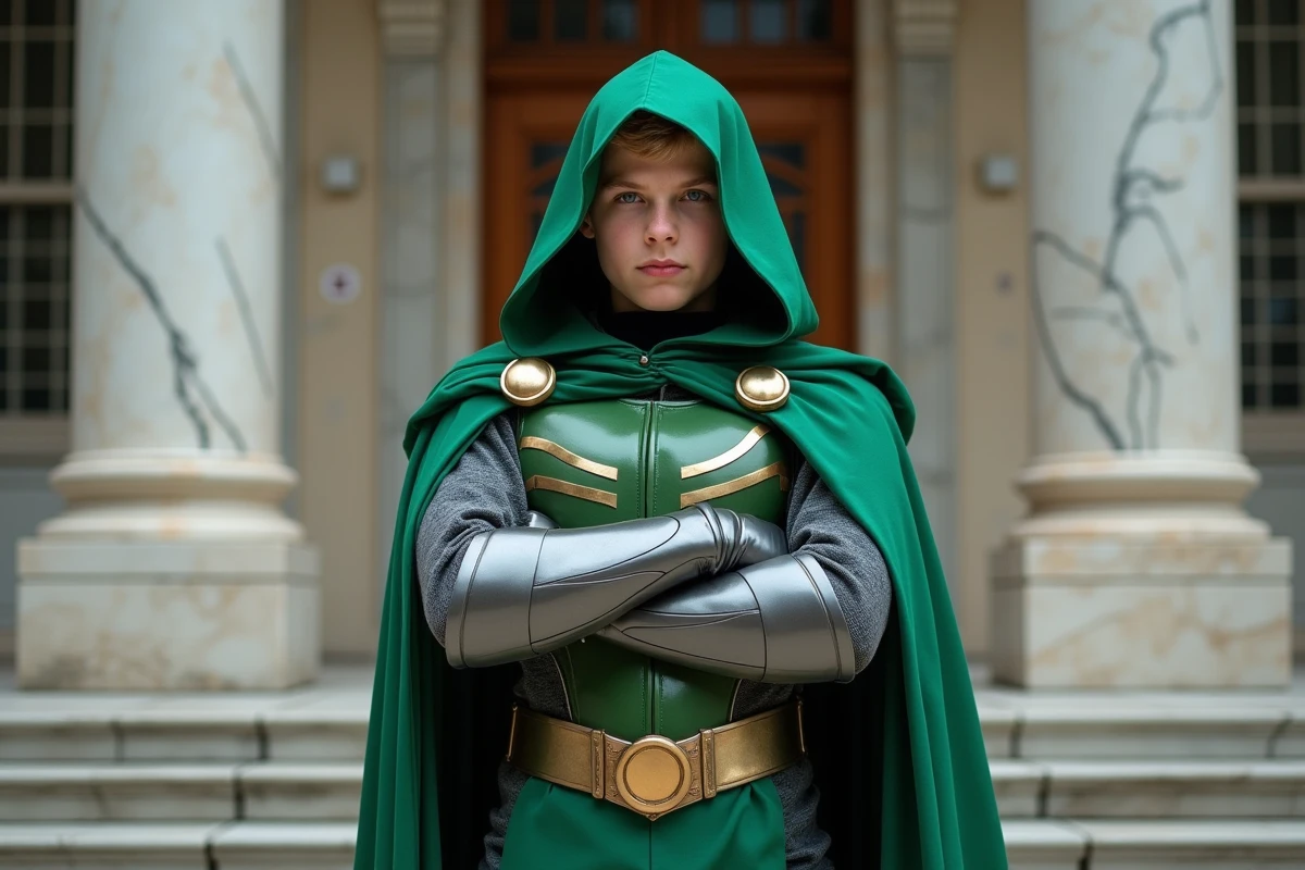 Jeune cosplayer en armure de Doctor Doom devant un bâtiment