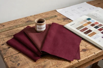 Échantillons de tissu couleur bordeaux disposés sur une table en bois avec un dictionnaire anglais-français ouvert et un pot de peinture