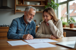 Couple d'adultes dans leur maison en train de revoir des papiers immobiliers