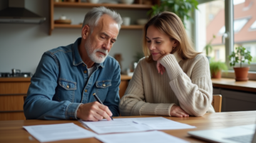 Couple d'adultes dans leur maison en train de revoir des papiers immobiliers