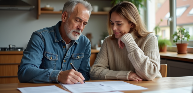 Couple d'adultes dans leur maison en train de revoir des papiers immobiliers