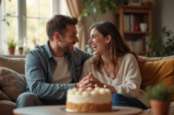 Jeune couple riant dans leur salon avec gâteau d anniversaire