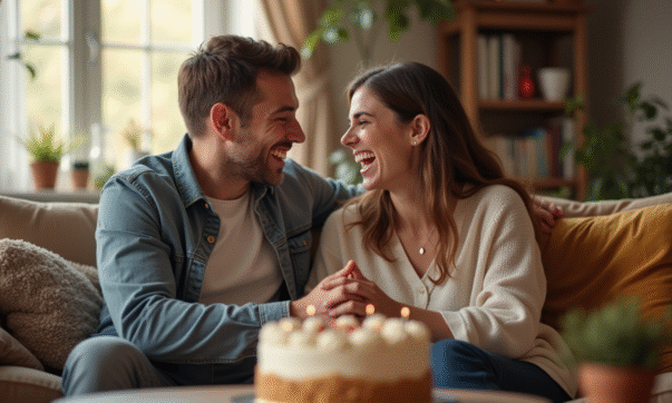 Jeune couple riant dans leur salon avec gâteau d anniversaire