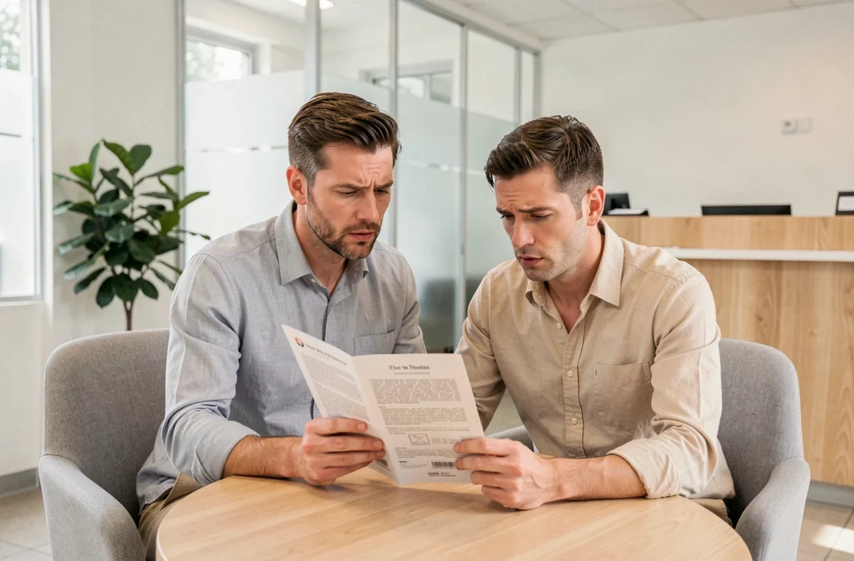 Couple lisant un document juridique dans la salle d'attente d'une étude notariale avant une consultation gratuite