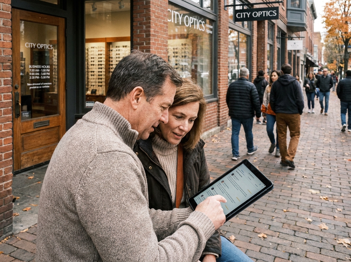 Couple consultant les avis Google d'un opticien sur tablette devant une boutique d'optique en ville