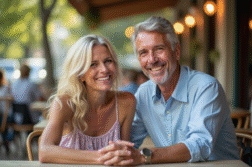 Couple souriant assis à un café en extérieur