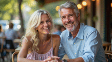 Couple souriant assis à un café en extérieur