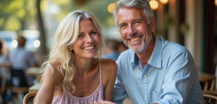 Couple souriant assis à un café en extérieur