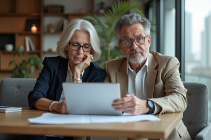 Couple d'adultes en réunion de travail à la maison