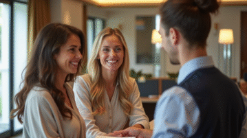 Couple souriant remettant des bons de vacances à la réception