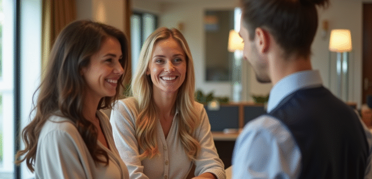 Couple souriant remettant des bons de vacances à la réception