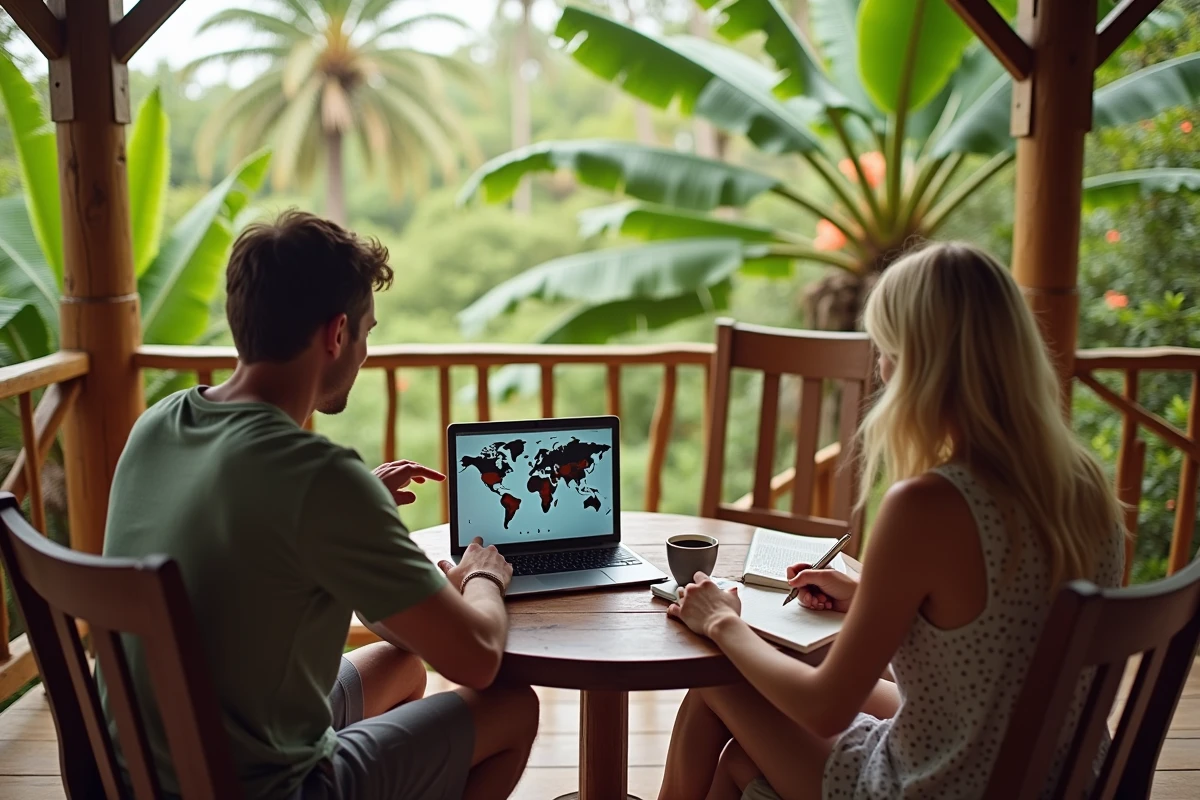 Couple planifiant leur séjour en Martinique sur une terrasse créole en consultant un tableau des fuseaux horaires sur ordinateur