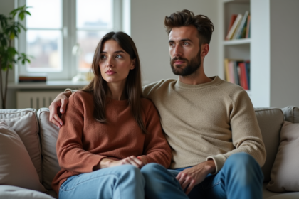 Couple assis sur un canapé moderne dans un salon chaleureux