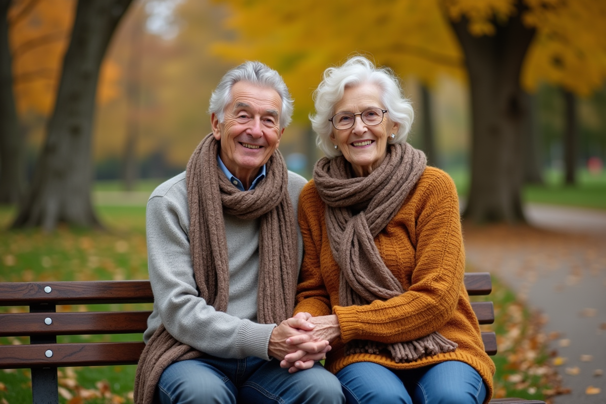 Couple de seniors souriants sur un banc dans un parc automnal