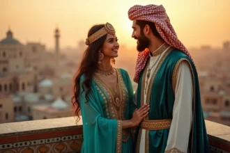 Jeune couple arabe en tenue traditionnelle sur un balcon au coucher de soleil