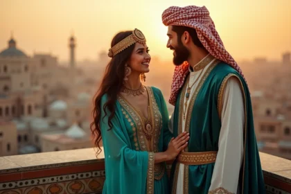 Jeune couple arabe en tenue traditionnelle sur un balcon au coucher de soleil
