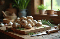 Table rustique avec champignons gris en tranches et herbes
