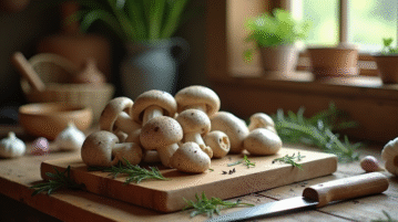 Table rustique avec champignons gris en tranches et herbes
