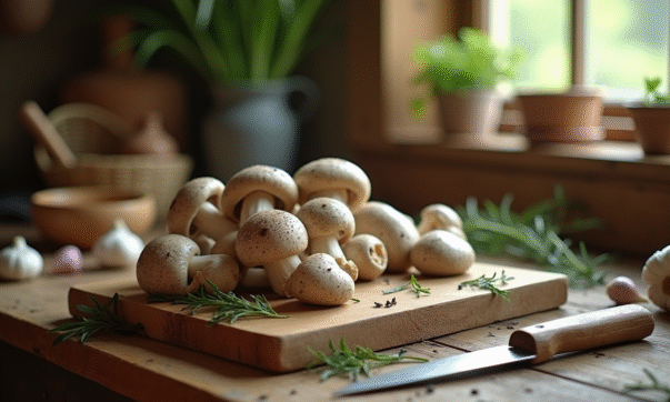 Table rustique avec champignons gris en tranches et herbes