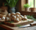 Table rustique avec champignons gris en tranches et herbes