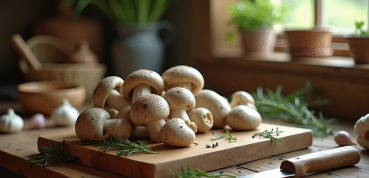 Table rustique avec champignons gris en tranches et herbes