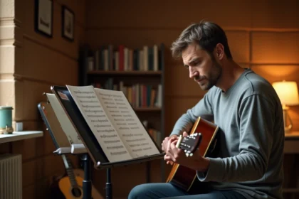 Guitariste débutant étudiant une tablature de Santiano posée sur un pupitre à musique dans une pièce cosy