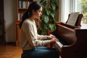 Jeune femme débutante au piano lisant une grille d'accords manuscrite pour apprendre la chanson Je te promets