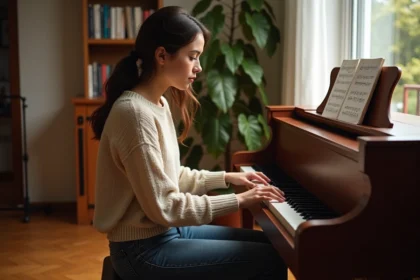 Jeune femme débutante au piano lisant une grille d'accords manuscrite pour apprendre la chanson Je te promets