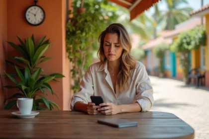 Femme consultant son téléphone pour vérifier l'heure en Martinique, avec une horloge murale en arrière-plan dans un café colonial