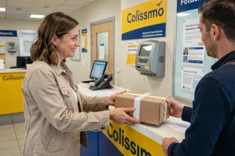 Femme déposant un colis Colissimo au bureau de poste pour un envoi le jour même
