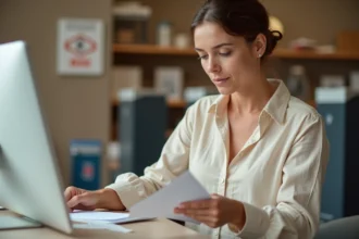 Femme déposant une lettre au guichet d'un bureau de poste français pour choisir entre lettre verte et lettre services plus
