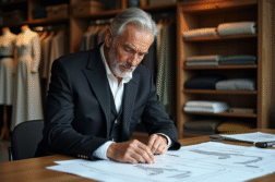 Designer de mode homme en studio avec croquis et tissus