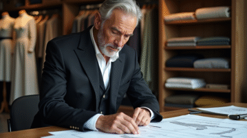 Designer de mode homme en studio avec croquis et tissus