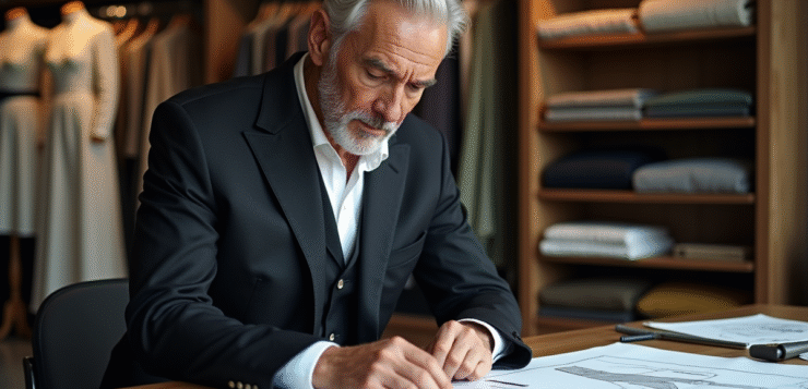 Designer de mode homme en studio avec croquis et tissus