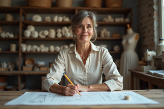 Créatrice de mode dessinant des patrons dans son atelier