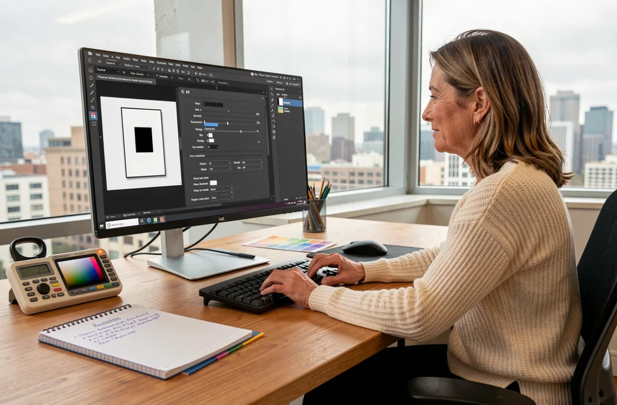 Designer graphique configurant la résolution en pixels d'un fichier photo A4 sur ordinateur