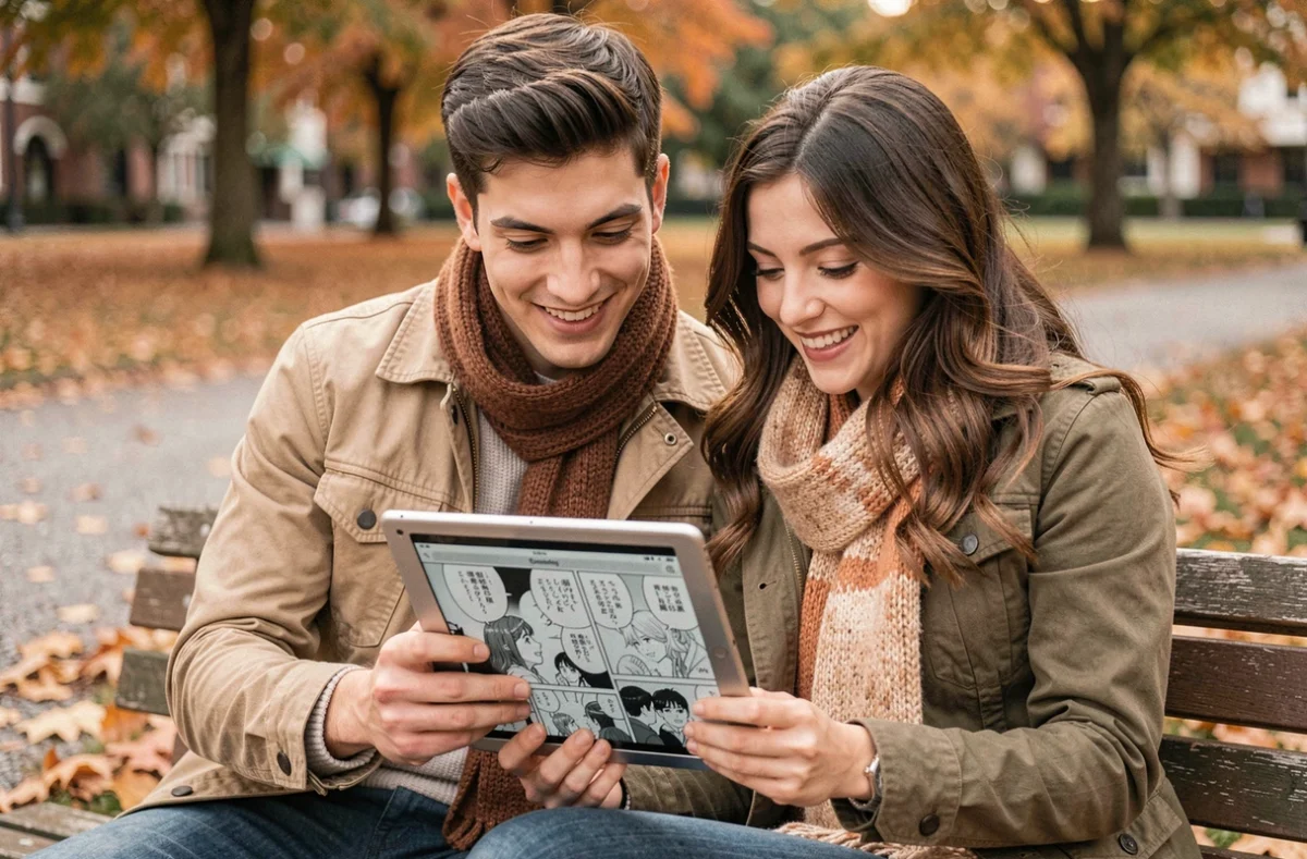 Deux amis partageant la lecture d'un scan manga Just Friends VF sur une tablette dans un parc en automne
