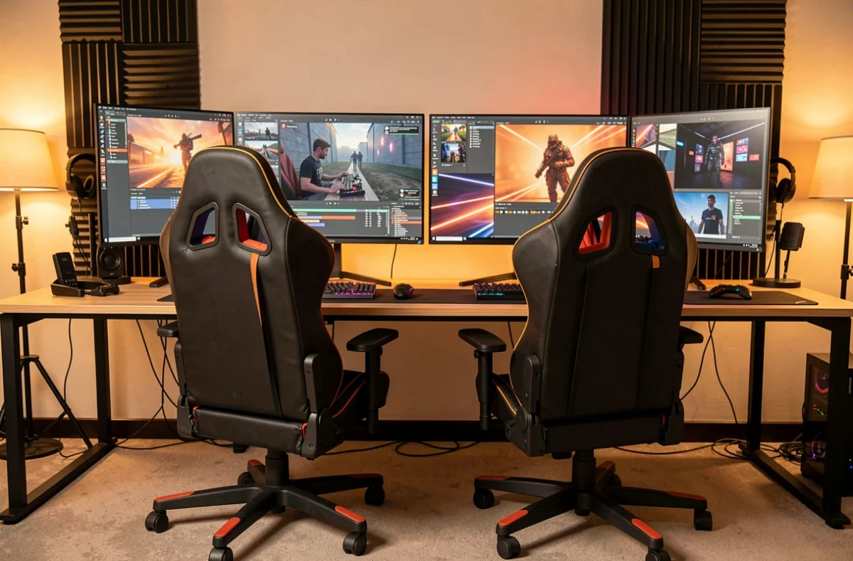 Deux fauteuils gamer côte à côte devant des écrans de streaming