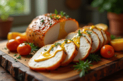 Filet de dinde rôtie en tranches sur une planche en bois avec sauce moutarde et légumes