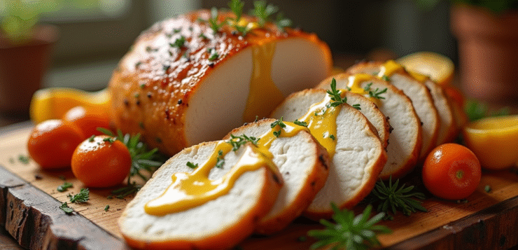 Filet de dinde rôtie en tranches sur une planche en bois avec sauce moutarde et légumes