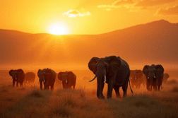 Herde d'elephants au lever du soleil dans la savane