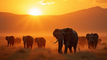Herde d'elephants au lever du soleil dans la savane